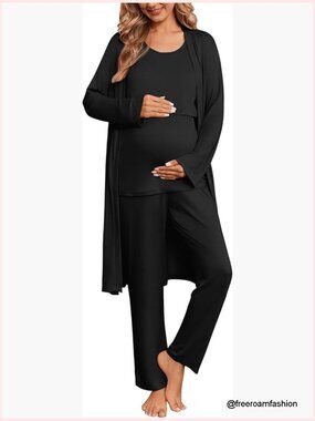 Nursing Pajama Set 3 Piece Maternity Robe Breastfeeding Pjs Postpartum